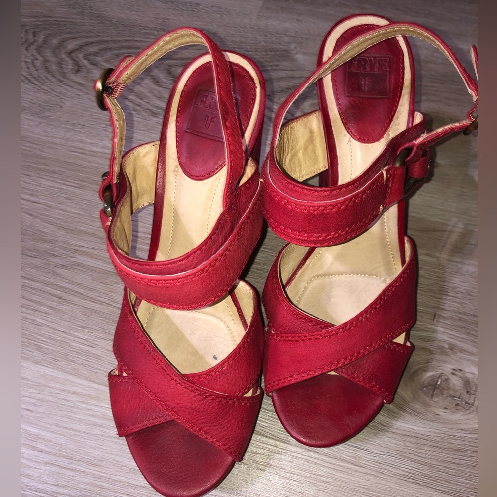 FRYE Alexa Red Leather Criss Cross Wedge Sandals .